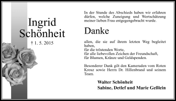 Traueranzeige von Ingrid Schönheit von Neue Presse Coburg