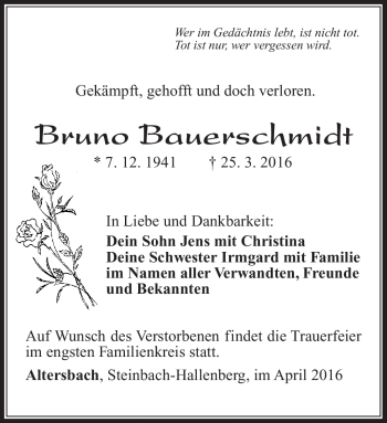 Traueranzeige von Bruno Bauerschmidt von Südthüringer Presse