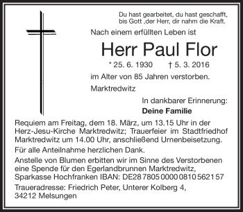 Traueranzeige von Paul Flor von Frankenpost