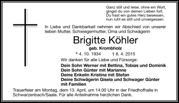 Traueranzeige von Brigitte Köhler von Frankenpost
