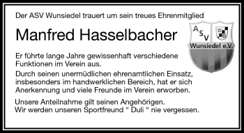 Traueranzeige von Manfred Hasselbacher von Frankenpost