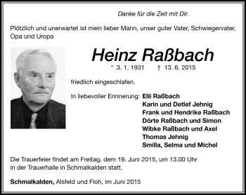 Traueranzeige von Heinz Raßbach von Südthüringer Presse