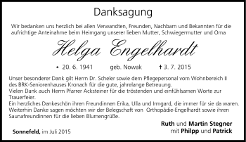 Traueranzeige von Helga Engelhardt von Neue Presse Coburg