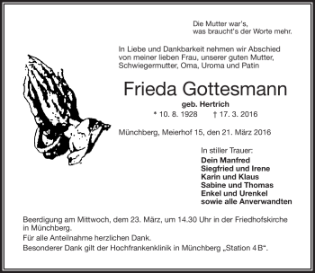 Traueranzeige von Frieda Gottesmann von Frankenpost