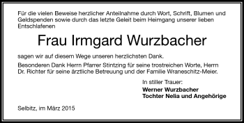 Traueranzeige von Irmgard Wurzbacher von Frankenpost