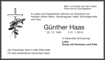 Traueranzeige von Günther Haas von Frankenpost