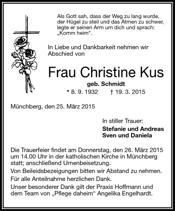 Traueranzeige von Christine Kus von Frankenpost