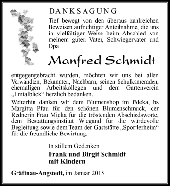 Traueranzeige von Manfred Schmidt von Südthüringer Presse
