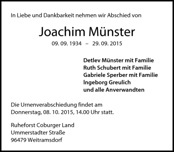 Traueranzeige von Joachim Münster von Neue Presse Coburg