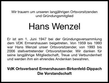 Traueranzeige von Hans Wenzel von Neue Presse Coburg