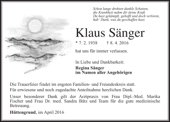 Traueranzeige von Klaus Sänger von Südthüringer Presse