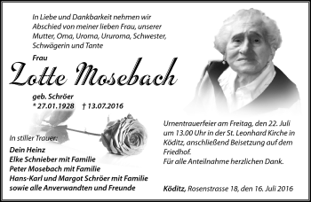 Traueranzeige von Lotte Mosebach von Frankenpost
