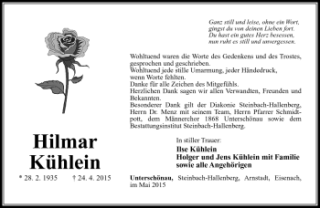 Traueranzeige von Hilmar Kühlein von Südthüringer Presse