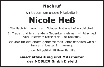 Traueranzeige von Nicole Heß von Südthüringer Presse