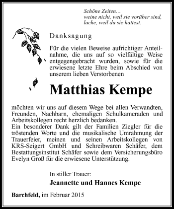 Traueranzeige von Matthias Kempe von Südthüringer Presse