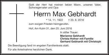 Traueranzeige von Max Gebhardt von Frankenpost