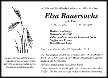 Traueranzeige von Elsa Bauersachs von Neue Presse Coburg