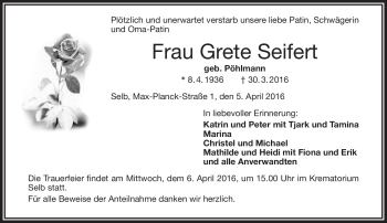 Traueranzeige von Grete Seifert von Frankenpost