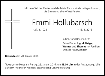 Traueranzeige von Emmi Hollubarsch von Neue Presse Coburg