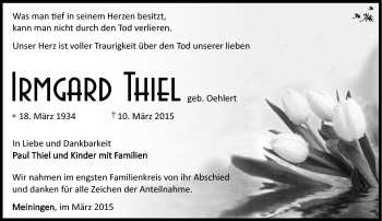 Traueranzeige von Irmgard Thiel von Südthüringer Presse