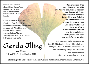 Traueranzeige von Gerda Illing von Südthüringer Presse