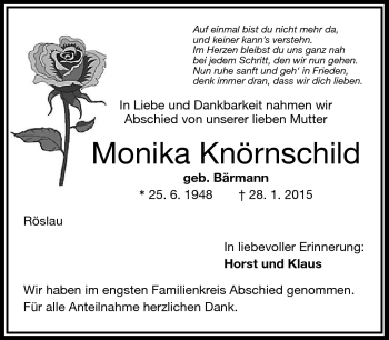 Traueranzeige von Monika Knörnschild von Frankenpost