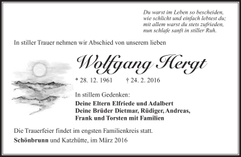 Traueranzeige von Wolfgang Hergt von Südthüringer Presse