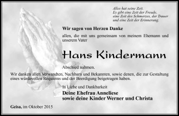 Traueranzeige von Hans Kindermann von Südthüringer Presse