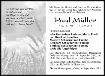 Traueranzeige von Paul Müller von Südthüringer Presse
