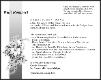 Traueranzeige von Willi Rommel von Südthüringer Presse