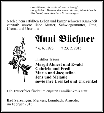 Traueranzeige von Anni Büchner von Südthüringer Presse