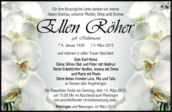 Traueranzeige von Ellen Röher von Südthüringer Presse
