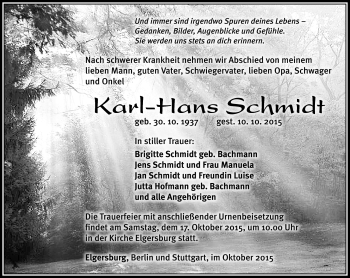 Traueranzeige von Karl-Hans Schmidt von Südthüringer Presse