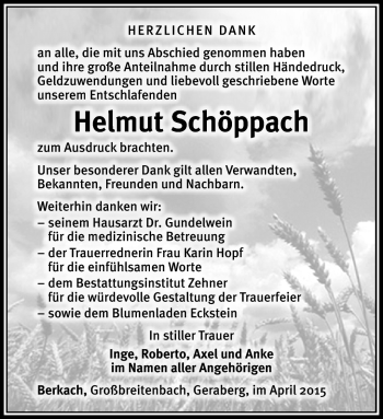 Traueranzeige von Helmut Schöppach von Südthüringer Presse