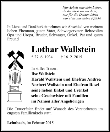 Traueranzeige von Lothar Wallstein von Südthüringer Presse
