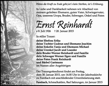 Traueranzeige von Ernst Reinhardt von Südthüringer Presse