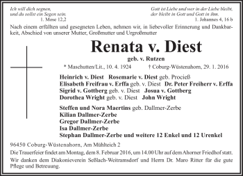 Traueranzeige von Renata v. Diest von Neue Presse Coburg