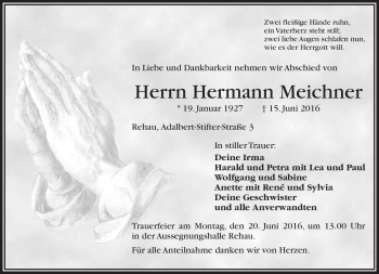 Traueranzeige von Hermann Meichner von Frankenpost