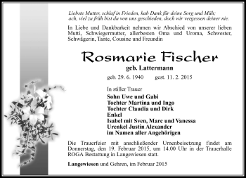 Traueranzeige von Rosmarie Fischer von Südthüringer Presse