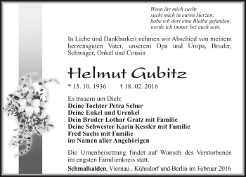 Traueranzeige von Helmut Gubitz von Südthüringer Presse