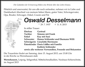 Traueranzeige von Oswald Desselmann von Südthüringer Presse