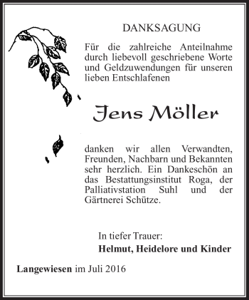 Traueranzeige von Jens Möller von Südthüringer Presse