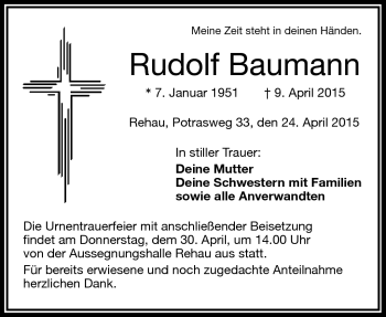 Traueranzeige von Rudolf Baumann von Frankenpost