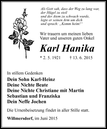 Traueranzeige von Karl Hanika von Südthüringer Presse