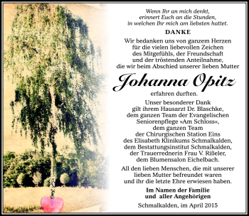 Traueranzeige von Johanna Opitz von Südthüringer Presse