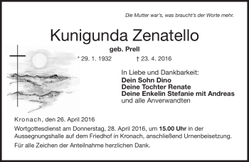 Traueranzeige von Kunigunda Zenatello von Neue Presse Coburg