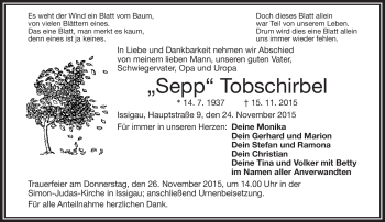 Traueranzeige von Sepp Tobschirbel von Frankenpost