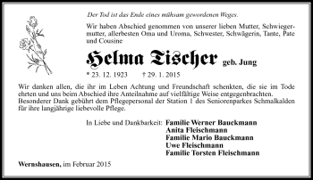 Traueranzeige von Helma Tischer von Südthüringer Presse