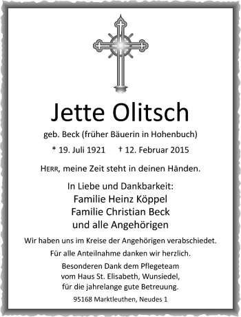 Traueranzeige von Jette Olitsch von Frankenpost