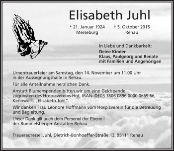 Traueranzeige von Elisabeth Juhl von Frankenpost